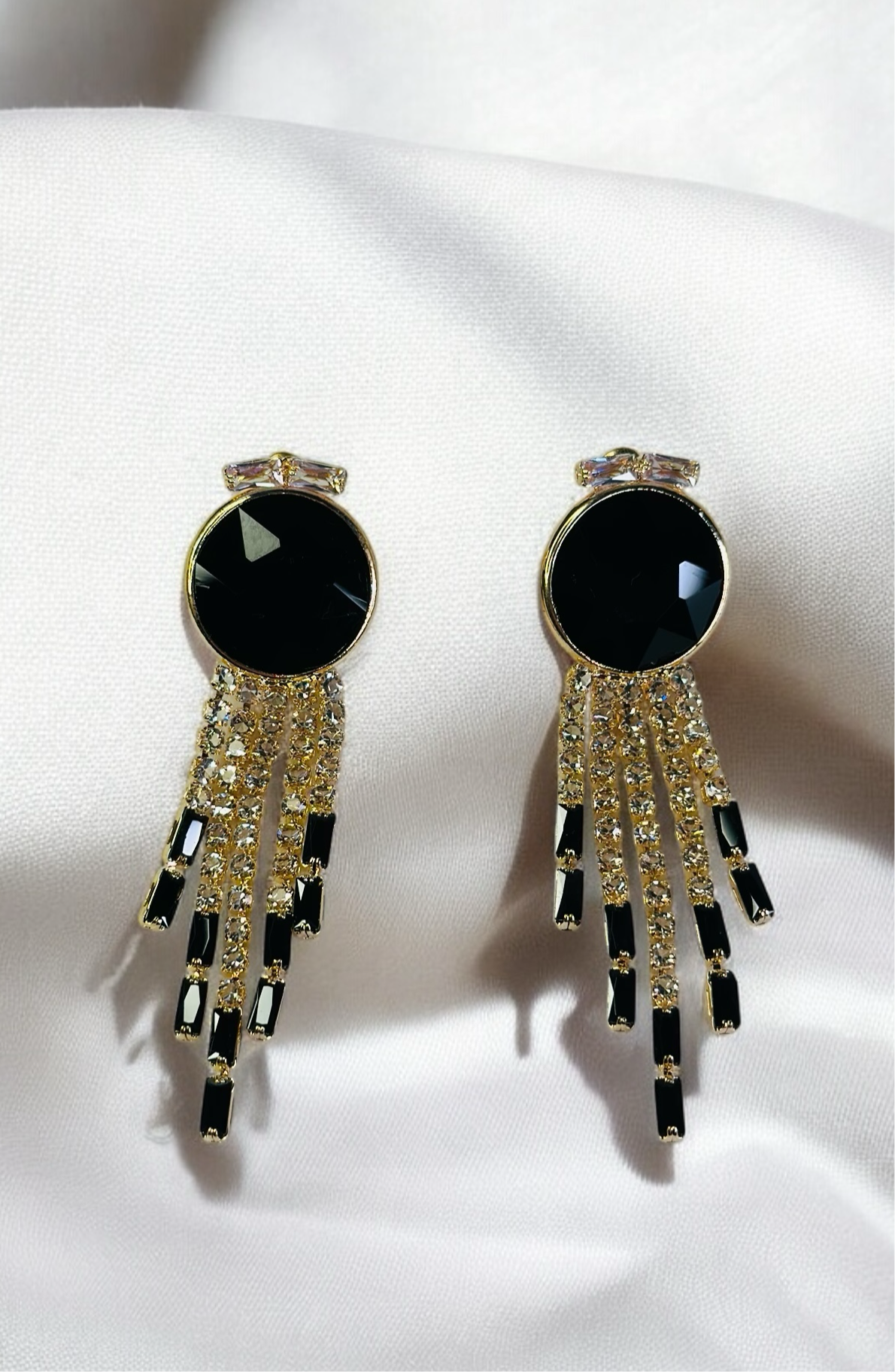 “Black and Gold Drop Earrings with Crystal Fringe”