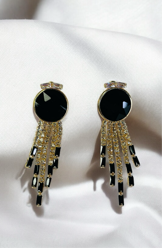 “Black and Gold Drop Earrings with Crystal Fringe”